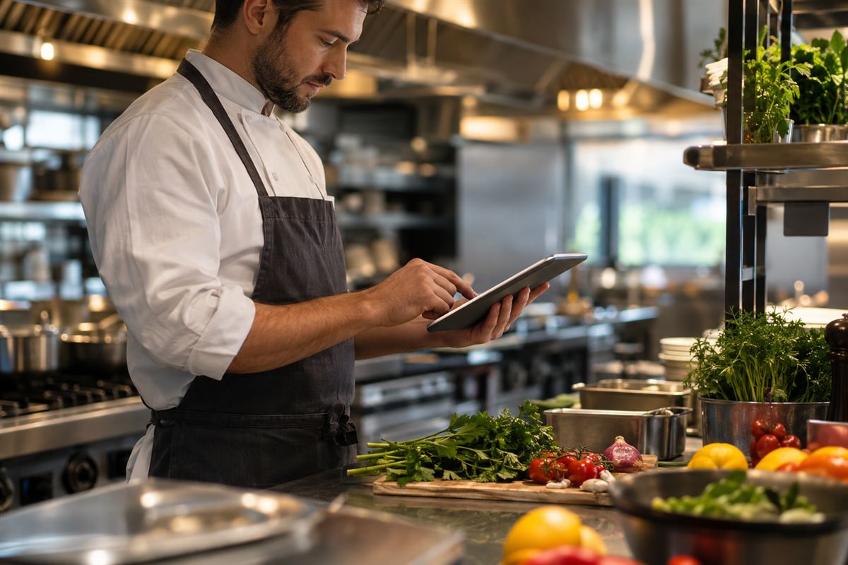 Chef reviewing recipe costs on a tablet in a restaurant kitchen